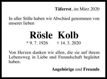 Traueranzeige von Rösle Kolb von Gmünder Tagespost