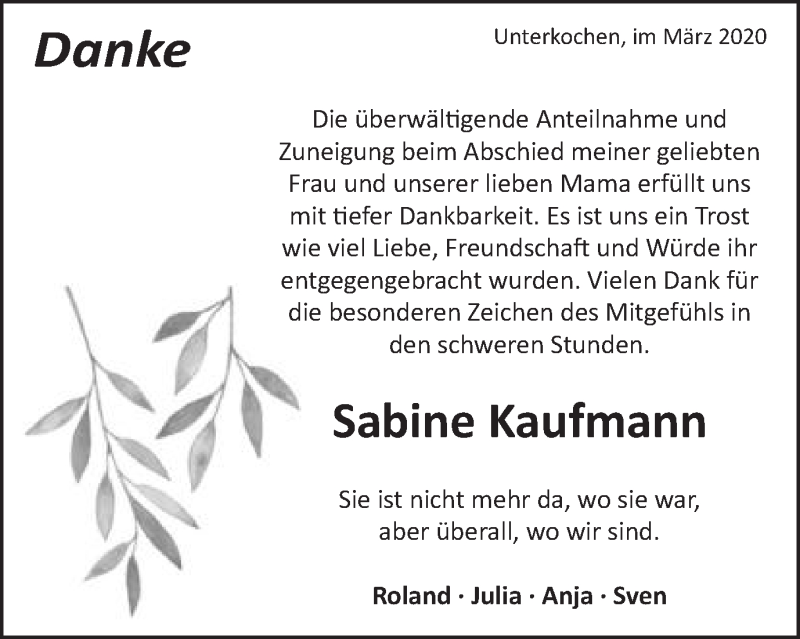  Traueranzeige für Sabine Kaufmann vom 10.03.2020 aus Schwäbische Post