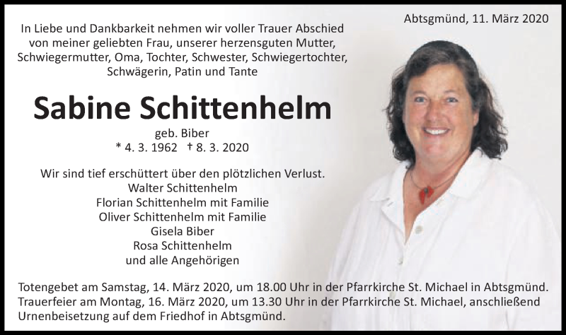  Traueranzeige für Sabine Schittenhelm vom 11.03.2020 aus Schwäbische Post