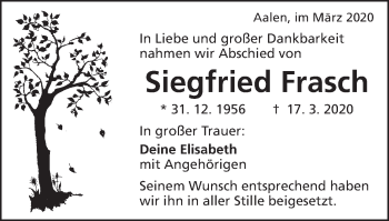 Traueranzeige von Siegfried Frasch von Schwäbische Post