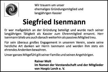 Traueranzeige von Siegfried Isenmann von Gmünder Tagespost