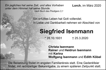 Traueranzeige von Siegfried Isenmann von Gmünder Tagespost