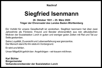 Traueranzeige von Siegfried Isenmann von Gmünder Tagespost