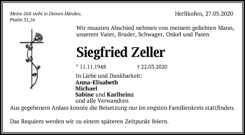 Traueranzeige von Siegfried Zeller von Gmünder Tagespost