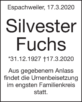 Traueranzeige von Silvester Fuchs von Schwäbische Post