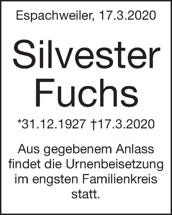 Traueranzeige von Silvester Fuchs