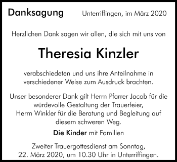 Traueranzeige von Theresia Kinzler von Schwäbische Post