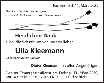 Traueranzeige von Ulla Kleemann von Schwäbische Post