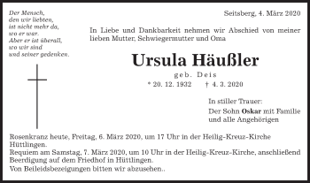 Traueranzeige von Ursula Häußler von Schwäbische Post