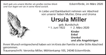 Traueranzeige von Ursula Miller von Schwäbische Post