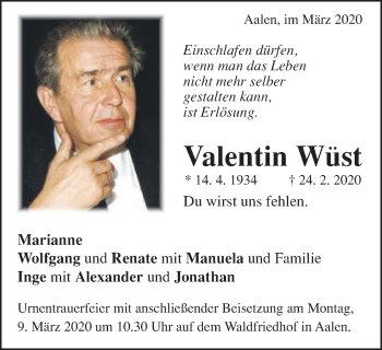 Traueranzeige von Valentin Wüst von Schwäbische Post