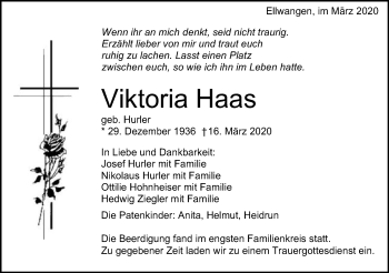 Traueranzeige von Viktoria Haas von Schwäbische Post