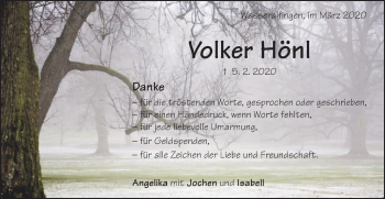 Traueranzeige von Volker Hönl von Schwäbische Post