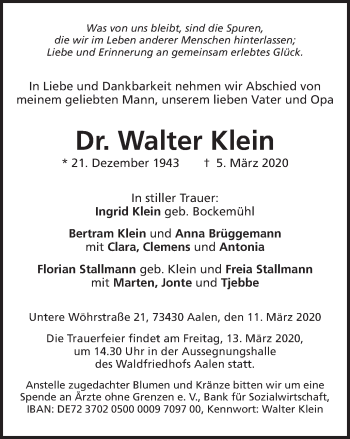 Traueranzeige von Walter Klein von Schwäbische Post