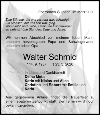 Traueranzeige von Walter Schmid von Gmünder Tagespost