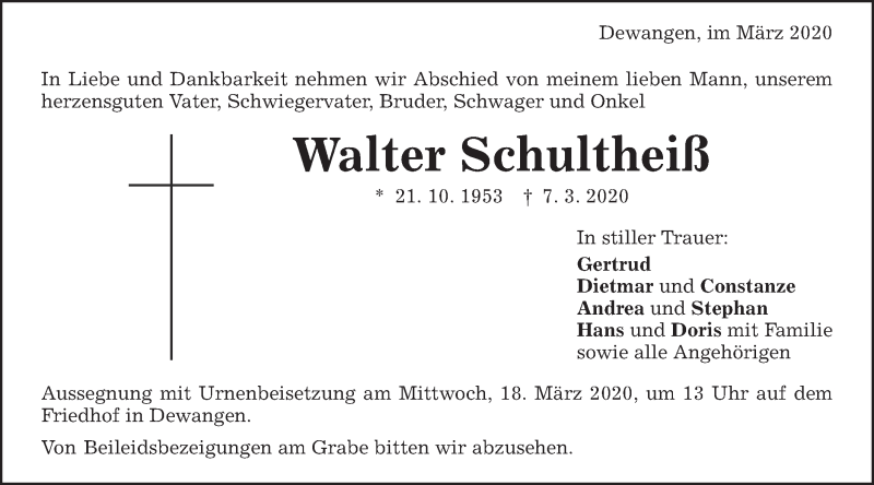  Traueranzeige für Walter Schultheiß vom 14.03.2020 aus Schwäbische Post