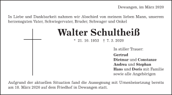 Traueranzeige von Walter Schultheiß von Schwäbische Post