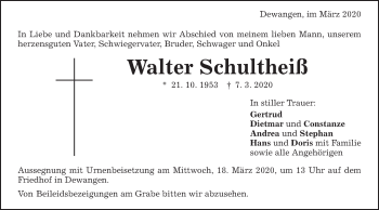 Traueranzeige von Walter Schultheiß von Schwäbische Post