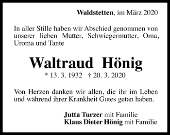 Traueranzeige von Waltraud Hönig von Gmünder Tagespost