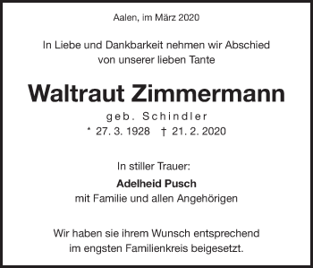 Traueranzeige von Waltraut Zimmermann von Schwäbische Post
