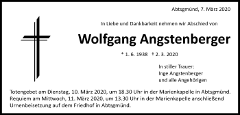 Traueranzeige von Wolfgang Angstenberger von Schwäbische Post