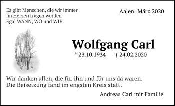 Traueranzeige von Wolfgang Carl von Schwäbische Post