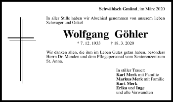 Traueranzeige von Wolfgang Göhler von Gmünder Tagespost