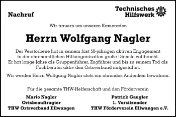 Traueranzeige von Wolfgang Nagler von Schwäbische Post