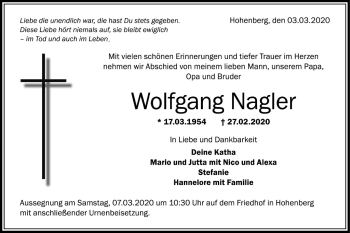 Traueranzeige von Wolfgang Nagler von Schwäbische Post