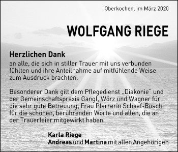 Traueranzeige von Wolfgang Riege von Amtsblatt_Oko