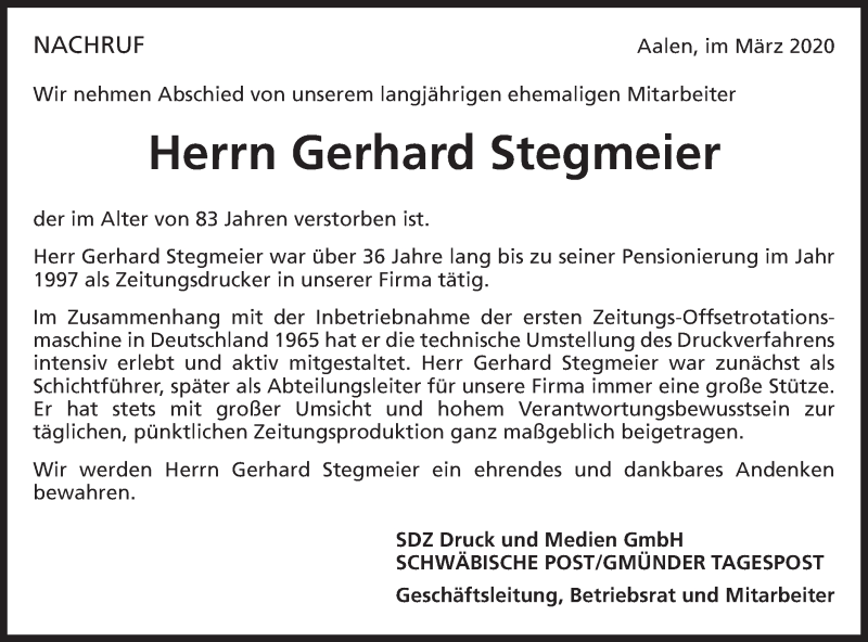  Traueranzeige für Gerhard Stegmeier vom 24.03.2020 aus Gmünder Tagespost