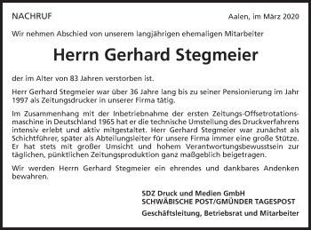 Traueranzeige von Gerhard Stegmeier von Gmünder Tagespost