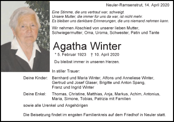 Traueranzeige von Agatha Winter