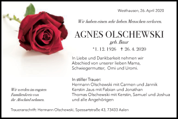 Traueranzeige von Agnes Olschewski von Schwäbische Post