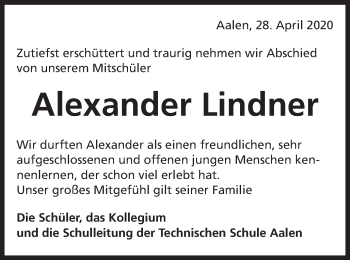 Traueranzeige von Alexander Lindner von Schwäbische Post