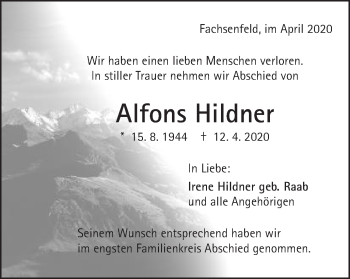 Traueranzeige von Alfons Hildner von Schwäbische Post