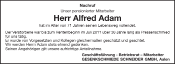Traueranzeige von Alfred Adam von Schwäbische Post