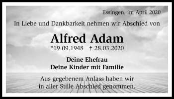 Traueranzeige von Alfred Adam von Schwäbische Post