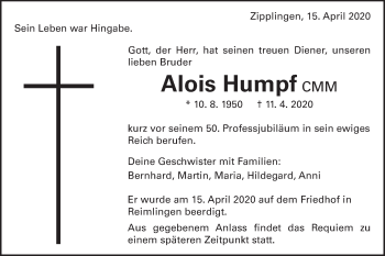 Traueranzeige von Alois Humpf von Schwäbische Post