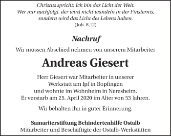 Traueranzeige von Andreas Giesert von Schwäbische Post