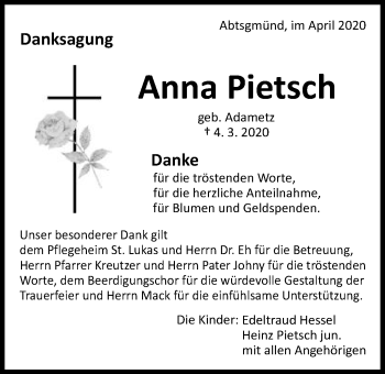 Traueranzeige von Anna Pietsch von Schwäbische Post