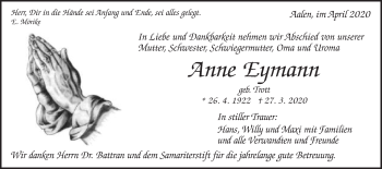 Traueranzeige von Anne Eymann von Schwäbische Post
