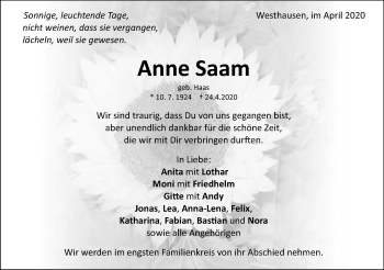 Traueranzeige von Anne Saam von Schwäbische Post