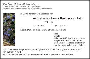 Traueranzeige von Anneliese  Klotz von Schwäbische Post