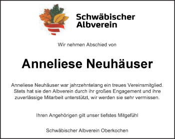 Traueranzeige von Anneliese Neuhäuser von Amtsblatt_Oko