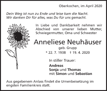 Traueranzeige von Anneliese Neuhäuser von Schwäbische Post