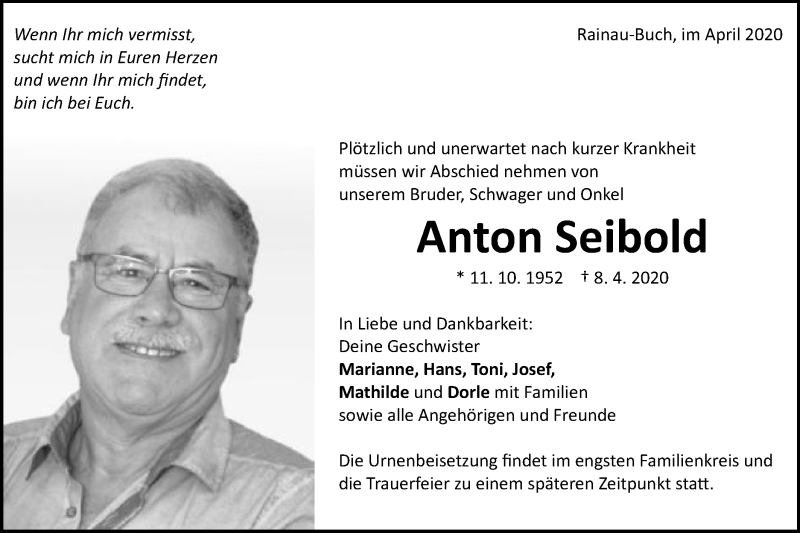  Traueranzeige für Anton Seibold vom 14.04.2020 aus Schwäbische Post