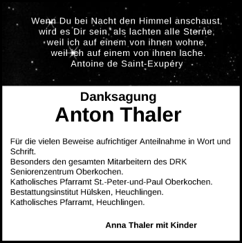 Traueranzeige von Anton Thaler von Schwäbische Post