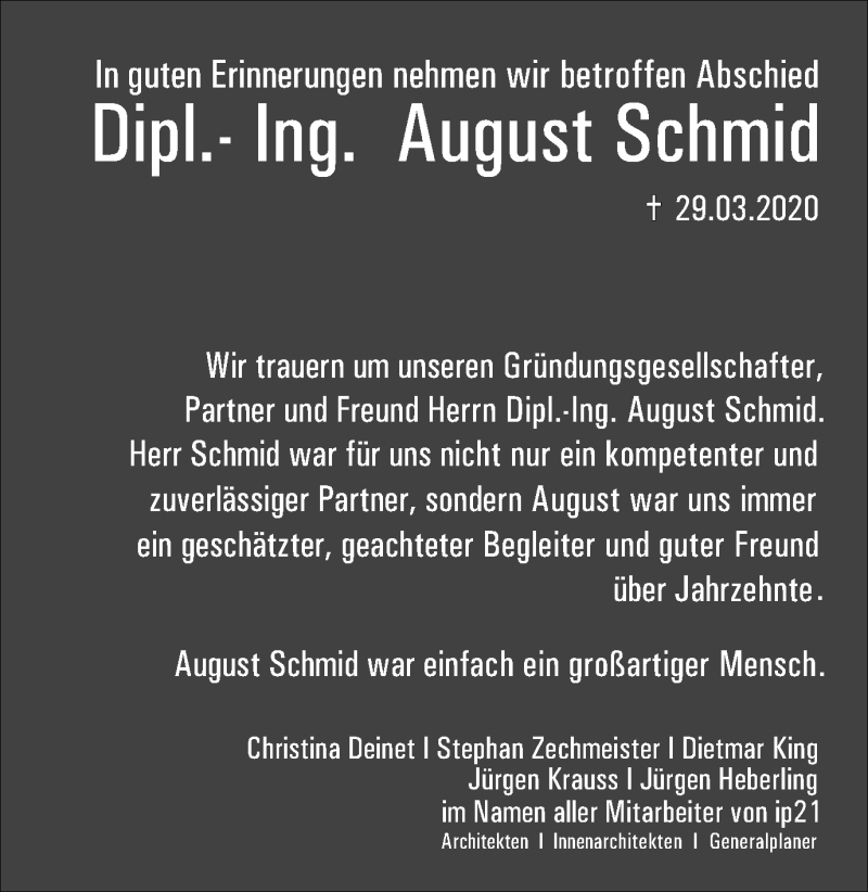  Traueranzeige für August Schmid vom 08.04.2020 aus Schwäbische Post