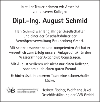 Traueranzeige von August Schmid von Schwäbische Post
